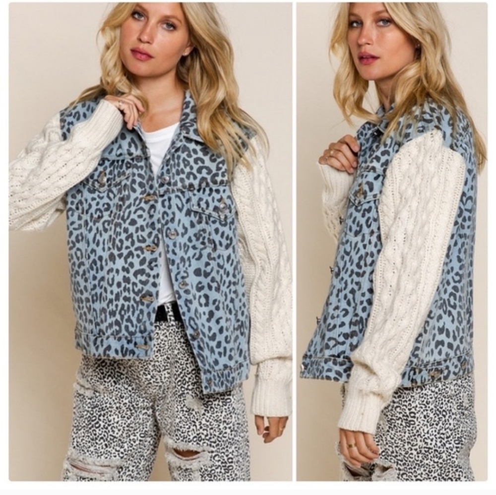 Snow Leopard Denim & Cable Knit Jacket Size Medium New Without Tags